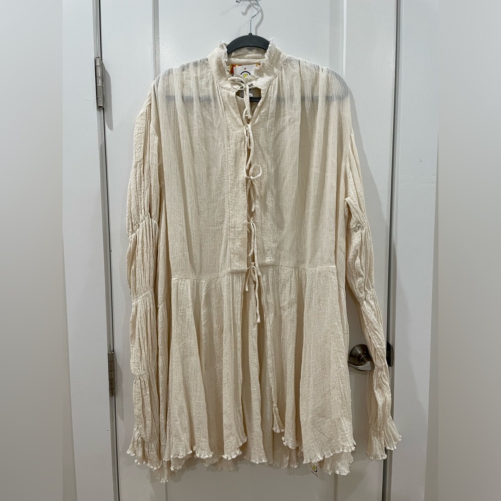 Cream mini dress with tie detail 100% cotton